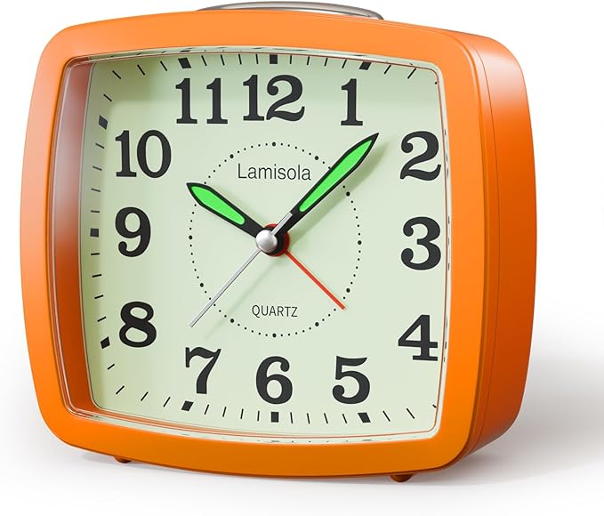 Battery Analog Travel Alarm Clock, Small Clock for Bedroom, Desk Table Shelf Clocks for Room Office Bathroom Vanity, Aesthetic Retro Clocks for Kids Girls, Orange