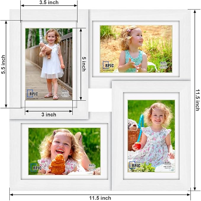 RPJC 4x6 Solid Wood Collage Picture Frame with High Definition Glass Display 4-opening Family Multi Photo Frames For Wall Hanging White
