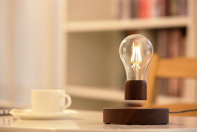 VGAzer Magnetic Levitating Floating Wireless LED Light Bulb Desk Lamp for Unique Gifts, Room Decor, Night Light, Home Office Decor Desk Tech Toys (Round Wooden Base..)