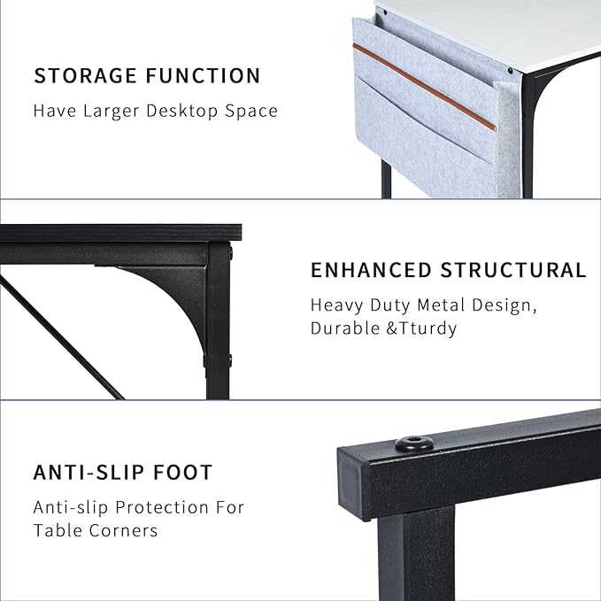 Homy Casa Inc 47 inch Study Storage Bag Space Saving for Home Office, Modern Simple Style PC Metal Frame Computer Desk, Writing Table, Black, White