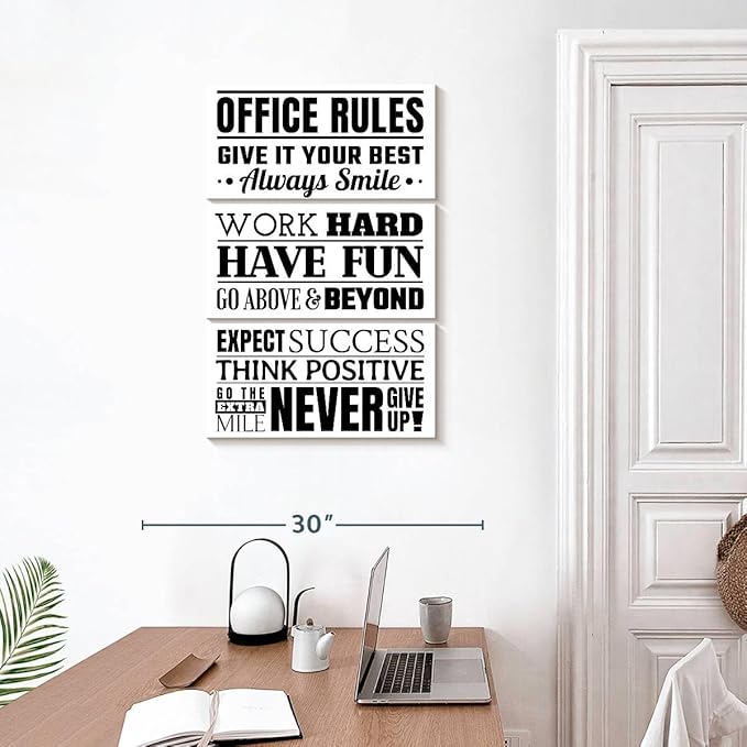 Elephant Stock - Fun Office Rules Wall Art - Vertical Multi Panel Canvas - 3 Piece Living Room Wall Decor - Digital Art Inspirational And Typography Multi Piece Wall Art - White And Black Decor - 20" x 32"