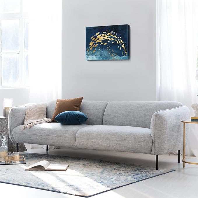 Wall Art Canvas Abstract Ocean Art Paintings Golden Fish Dancing in Blue Sea Modern Artwork Decor for Living Room Bedroom Kitchen 24x16in