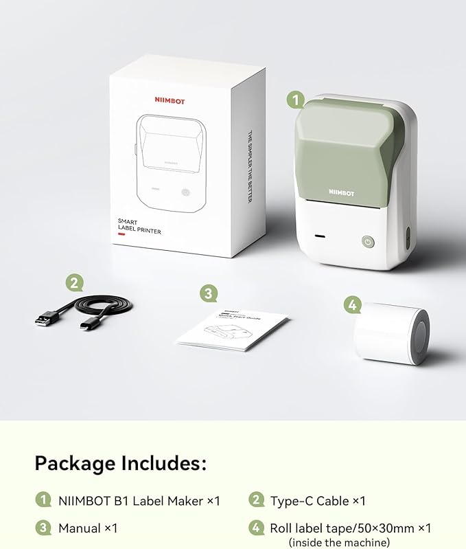 NIIMBOT B1 Label Maker, Bluetooth Portable Thermal Printer Machine with Large Waterproof Tape and Multiple Templates for Small Business,Office,Home,School, 2 Inch (Green, 1 Printer+1 Roll Label)