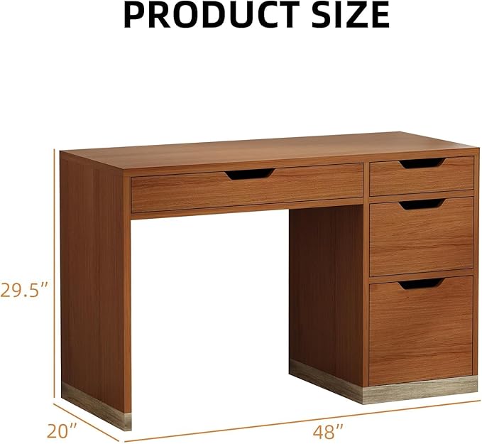 Small Computer Desk with Drawers, 48 Inch Home Office Desk with Storage for Bedroom, Wood Study Desk for Small Space, Writing, Brown