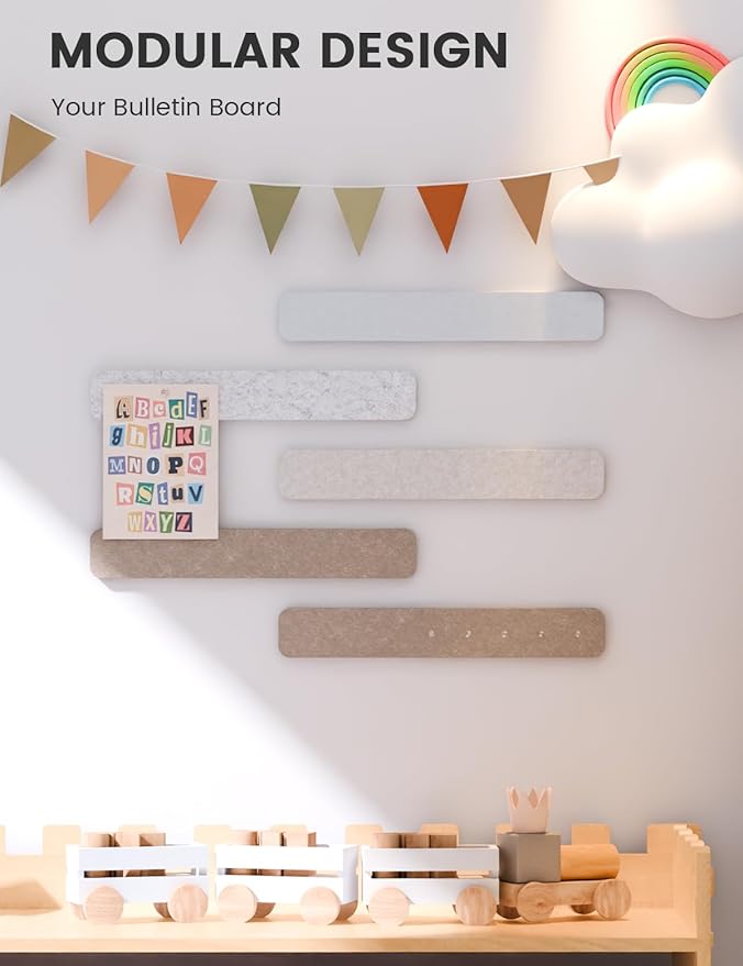 Fluxynara Cork Board Alternative Felt Strip Board 5-Pack 13"x2", Office Pin Board with 35 Push Pins, Adhesive Install for Bedroom Door & Home Office(Stone Beige)