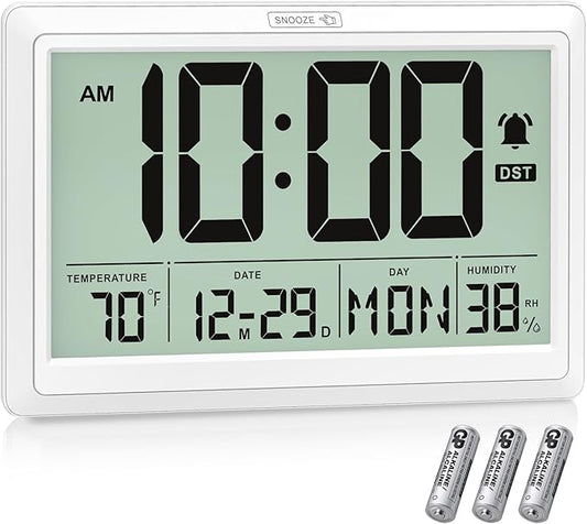 10.4'' Digital Wall Clock Battery Operated with Date/Temp/Week, Touch Snooze Function, Alarm, Temperature & Humidity - Easy to Read and Set, Auto DST