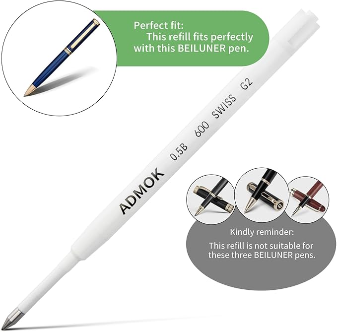 ADMOK 0.5mm Replaceable Standard Pen Gel Refills for BEILUNER Luxury Pens (10pcs)，Smooth and Clean Writing, Compatible with BEILUNER Pen Refill,Pack of 10 (Black Ink)