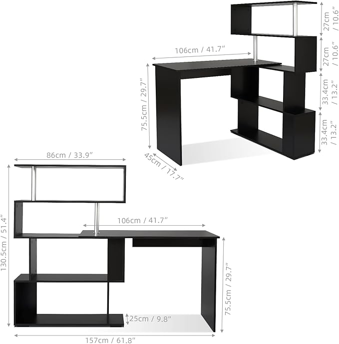 41.7" L Shaped Desk with 4-Tier Storage Shelves, Computer Corner Desk for Study Home Office Living Room (Black)