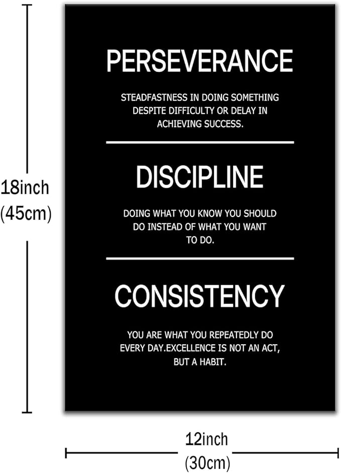 DINGFUN Perseverance Discipline Consistency Motivational Wall Decor Inspirational Office Poster Wall Art Positive Picture Print Artwork for Home Bedroom Gym Classroom Ready to Hang [12''Wx18''H]
