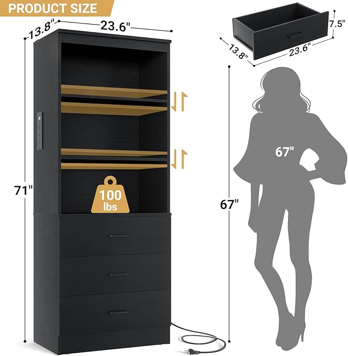Aheaplus 71 Inches Bookshelf with USB Ports and Outlets, Wooden Bookcase with 3 Drawers & Open Shelves, 6-Tier Tall Storage Cabinet Book Shelf Storage Organizer for Living Room, Home Office, Black