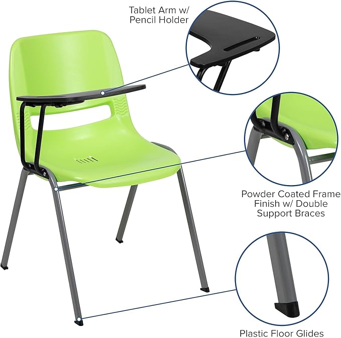 Flash Furniture HERCULES Green Ergonomic Shell Chair with Right Handed Flip-Up Tablet Arm
