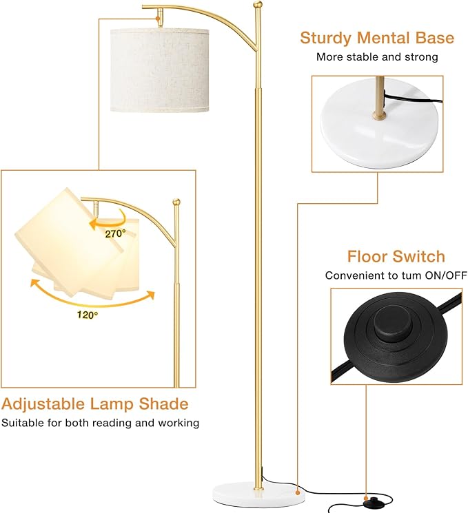 Ambimall 60" Floor Lamps for Living Room with 3 Color Temperatures, Gold Standing Lamp with White Marble Base, Modern Tall Lamps for Bedroom Office, 9W LED Bulb Included