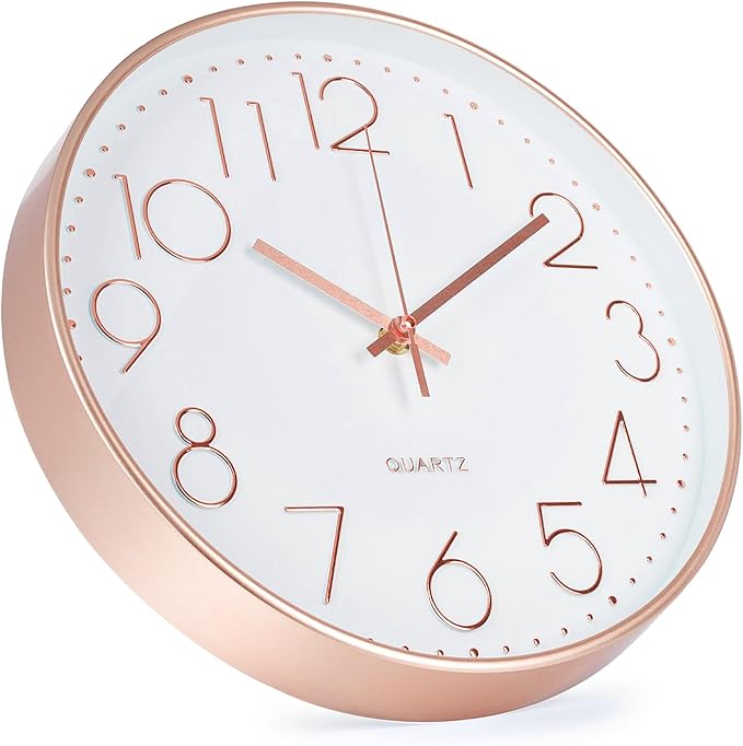 Wall Clock 12 Inch Non-Ticking Silent Modern Simple Style Round Decor Clock Rose Gold Stereoscopic Dial Quartz Wall Clocks for Home/Office/School/Living Room/Bedroom/Kitchen