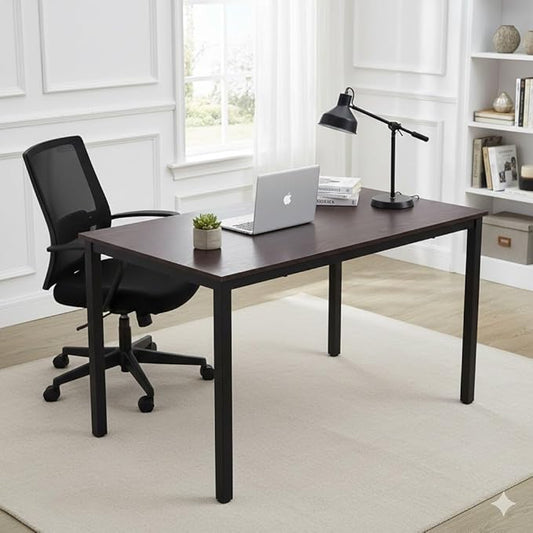 47 inch Large Computer Desk Wood, Modern Simple Style Desk for Home Office, Bedroom, Study Student Writing Desk, Small Spaces, Black Metal Frame, Dark Walnut Top