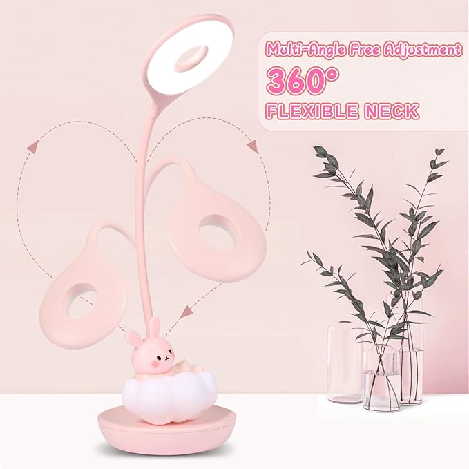 Cute Rabbit Design Dimmable Touch LED Reading Desk Lamp Night Light with 5 Levels Brightness for Boy,Girl Kid Teen (Pink Cloudy Bunny)