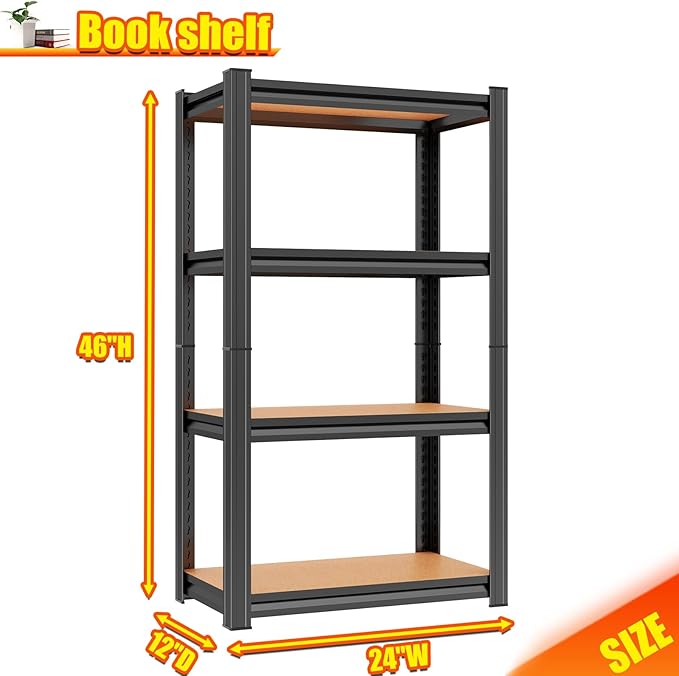 24"W Steel and Wood Book Shelf, 4 Tier Metal Bookcase, 1200LBS Display Shelving, Adjustable Utility Shelf Organizere, Standing Storage Shelves for Study, Bedroom, Living Room and Home Office, Black