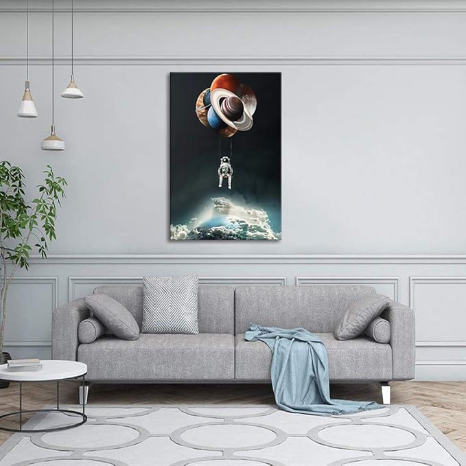 Yatsen Bridge Universe Theme Wall Art, Space Astronaut Holding Planetary Balloon Canvas Picture Art Print, Modern Home Wall Decor Stretched and Framed Ready to Hang - 24x36 inches