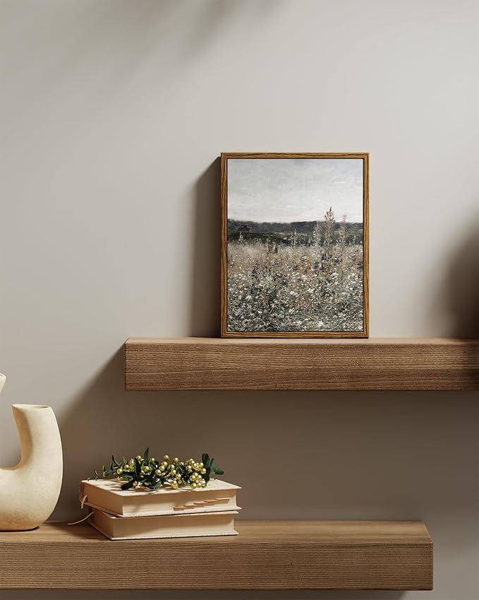 InSimSea Framed Canvas Prints Art Vintage Decor, Wildflower Field Meadow with Flowers Painting, Rustic Landscape Wall Art for Living Room Bedroom Home Bathroom, 8"x10"