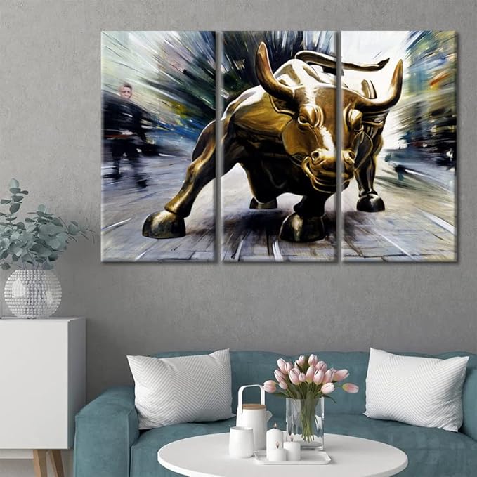 TUMOVO Paintings for Wall Decor 3 Pieces Wall Street Bull Canvas Wall Art for Living Room Bathroom Bedroom Kitchen Decoration Modern Giclee Prints Stretched and Framed Ready to Hang - 36" Wx24 H