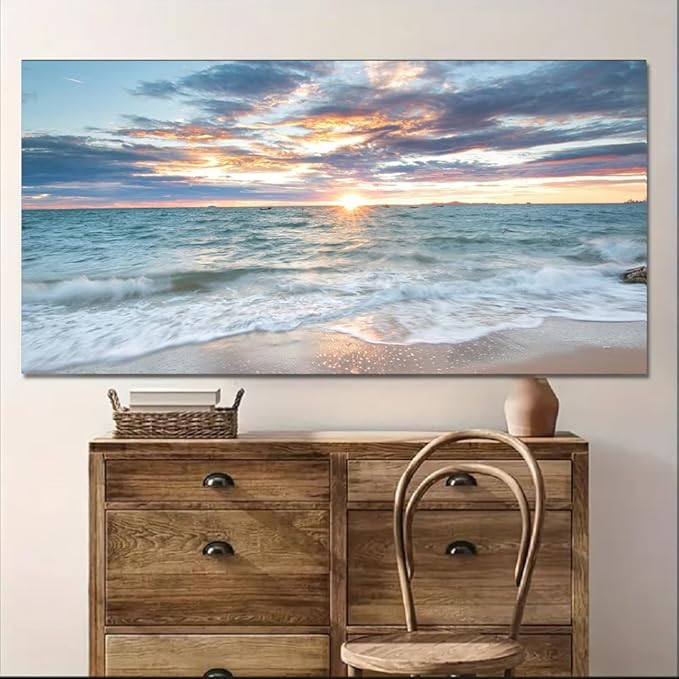 Yxbhhym-Beach Sunset Wall Art Coastal Decor Seascape Canvas Prints Ocean Picture for Living Room Decor Waves Sea Poster Landscape Painting Bedroom Wall Art Office Artwork Home Decorations
