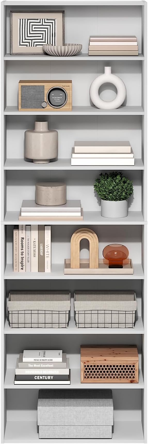 Furinno Basic Book Shelf, 8-Tier Bookcase with Open Shelf, Standing Bookshelf, Cube Storage Organizer, 12 x 24 x 71, for Living Room, Bedroom, Home Office, White