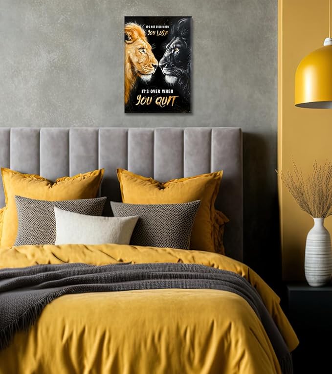 Black and Gold Lion Motivational Wall Art - Modern Animal Canvas Print Inspirational Quote Poster Inspiring Office Artwork Framed Wall Decor for Home, Bedroom, Living Room (12"x16")