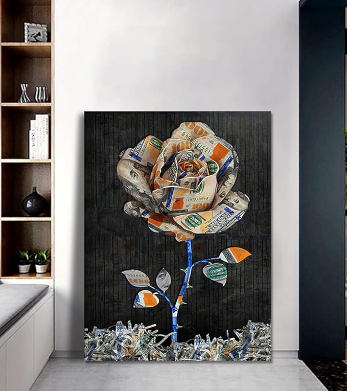Money Rose Framed Canvas Wall Art Dollar Bill Flower Poster Floral Painting Inspirational Success Home Decor for Living Room Bedroom Man Cave Ready to Hang 24x36 inch