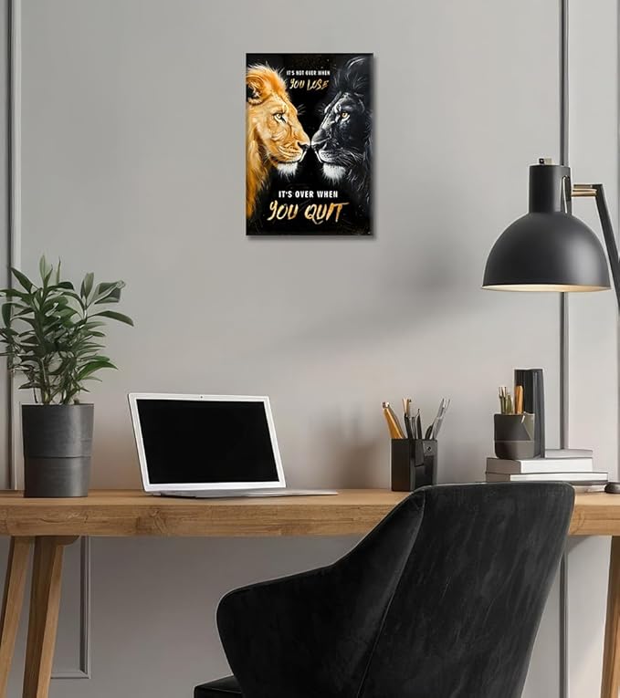 Black and Gold Lion Motivational Wall Art - Modern Animal Canvas Print Inspirational Quote Poster Inspiring Office Artwork Framed Wall Decor for Home, Bedroom, Living Room (12"x16")