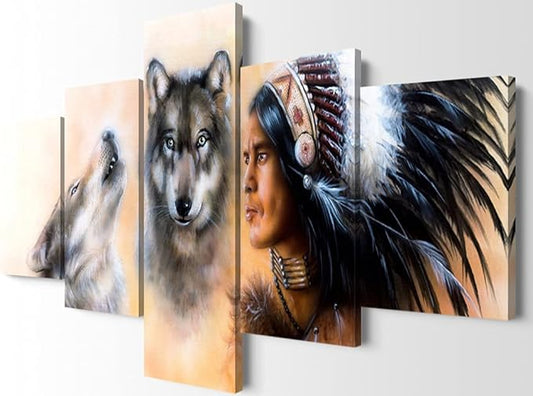 YOUHONG 5-Piece Native American Chief with Wolves Wall Art - Indian Poster Set for Bedroom Decor (70''W x 40''H)