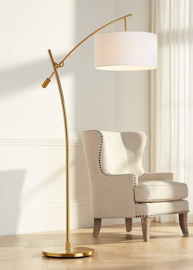 Possini Euro Design Raymond Modern Arc Floor Lamp 69" Tall Warm Gold Metal Adjustable Boom Arm White Linen Drum Shade Decor for Living Room Reading House Bedroom Home Office House