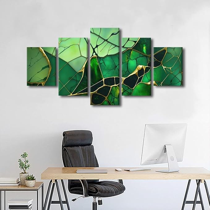 Abstract Canvas Wall Art Decor for Men Living Room Canvas Art 5 Panel Green Glass Abstract Art Modern Colorful Art Nouveau Poster for Men Lady Bedroom Home Wall Decor Framed Ready to Hang 60x32 in