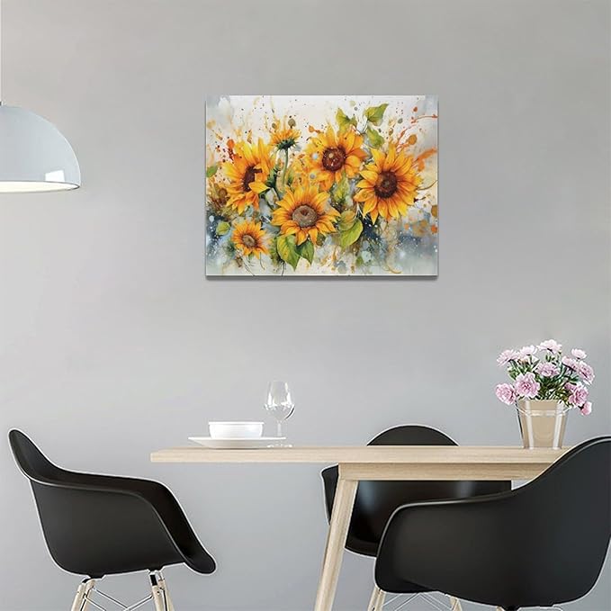 yerretin Sunflower Wall Art Watercolor Pictures Wall Decor Rustic Sunflower Canvas Farmhouse Print Artwork Home Decorations for Living Room Bedroom Bathroom Office Framed 16"x12"