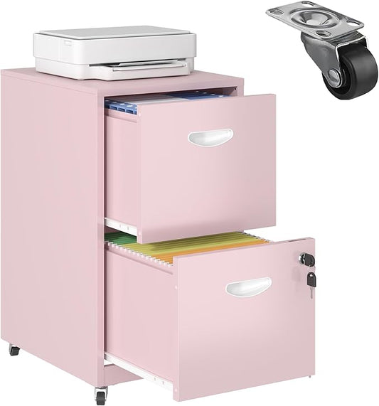 2 Drawer File Cabinet with Lock, Filing Cabinets with Wheels, Rolling File Cabinets for Home Office, Metal Office File Cabinet, for Holding Letters and File Boxes, Assembly Required, Pink
