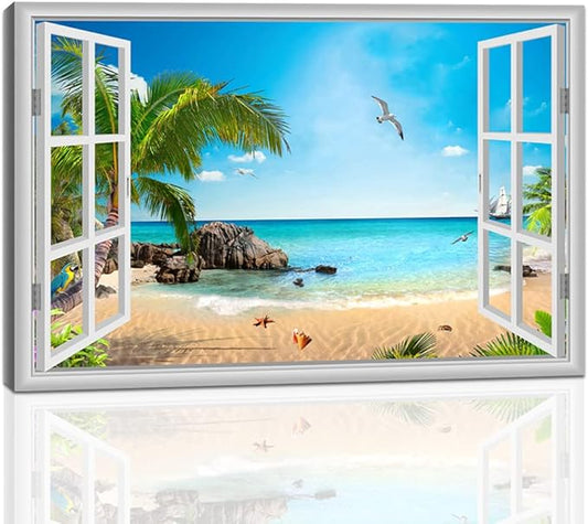 Large Beach Pictures Wall Art Canvas Print Artwork Blue Ocean Palm Tree Seascape Decor Living Room Bedroom Office with Framed 24 x36