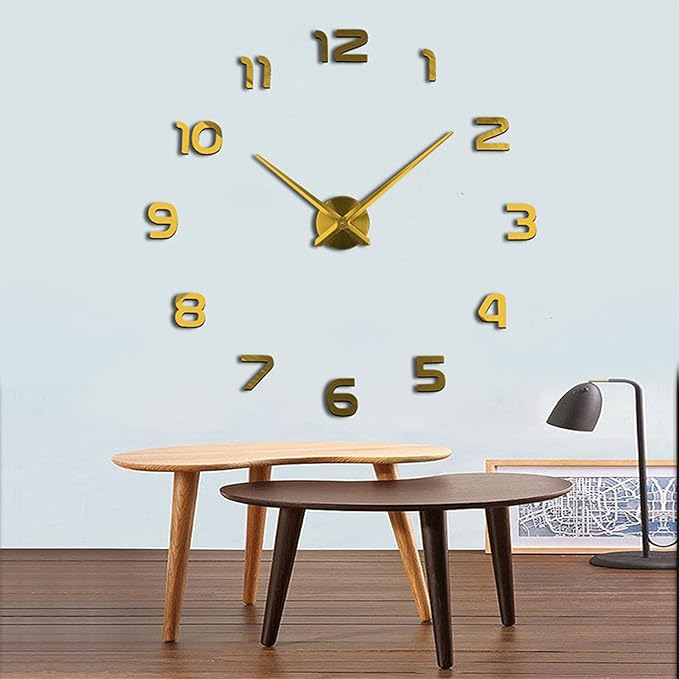 THIDARGO 3D DIY Wall Clock Arabic Numerals Clock Frameless Mirror Surface Wall Sticker Home Decor for Living Room Bedroom(Not Including Battery) (19-27 Inch, Golden)