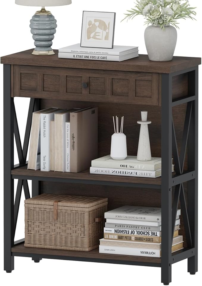 FATORRI Small Bookcase with Drawer, Industrial 3 Shelf Bookshelf, Wood and Metal Book Shelf, Short Book Shelves and Low Book case for Small Space (Rustic Brown)