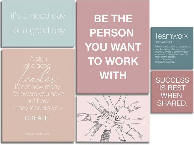 YEOION Inspirational Office Wall Art for Women,Motivational Teamwork Wall Decor for Office,Light Green and Pink Postive Quote Workplace Canvas Wall Art for Set of 6