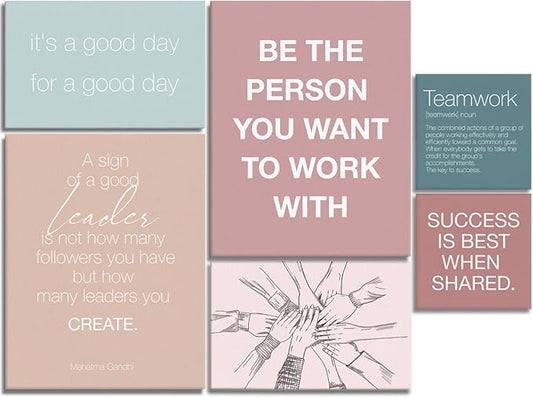 YEOION Inspirational Office Wall Art for Women,Motivational Teamwork Wall Decor for Office,Light Green and Pink Postive Quote Workplace Canvas Wall Art for Set of 6