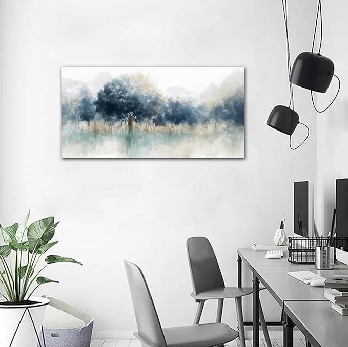 yearainn Foggy Forest Canvas Wall Art - Indigo Blue Abstract Trees Pictures for Wall Decor Nature Canvas Painting Modern Printing Artwork for Living Room Bedroom Home Office Wall Decoration 24" x 48"