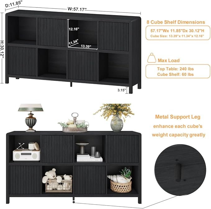 FATORRI 8 Cube Storage Organizer Bookshelf with 4 Doors, Low Horizontal Bookcase with Storage, Long Wood Book Shelf for Dining, Home Office (Black)