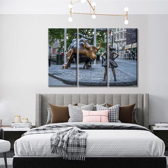 TUMOVO 3 Piece Canvas Wall Art Wall Street Bull and Fearless Girl Picture Printing Modern Artwork Room Decorations Motivational Wall Art Stretched and Framed Ready to Hang - 60" Wx40 H
