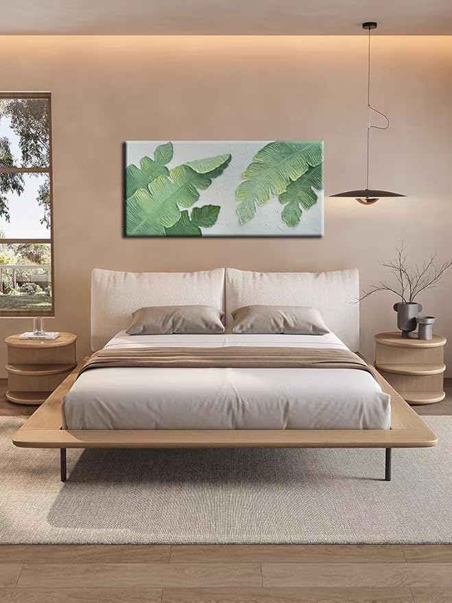 YaSheng Art- Handmade Modern Wall Art Oil Paintings , 3D Textured Wall Art Green Large leaf plant Artwork paintings ,Modern Minimalist Abstract Wall Art painting, Wall Art for living room Bedroom Wall Deco Home, Framed Wall Art Pictures 24X48 Inches