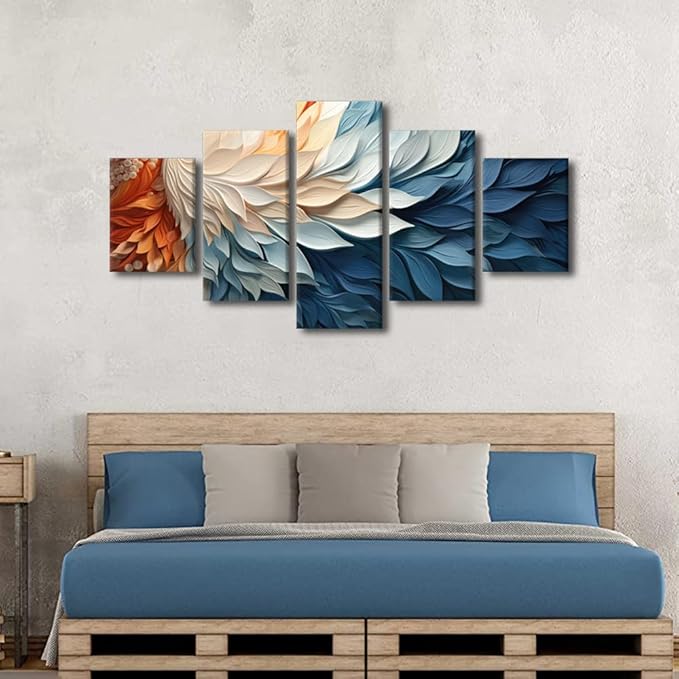Abstract Canvas Wall Art Decor Modern Living Room Wall Art for Men Blue White Orange Poster Printing 5 Panel Home Decor for Lady Bedroom Office Wall Decor Stretched and Framed Ready to Hang 60x32 in