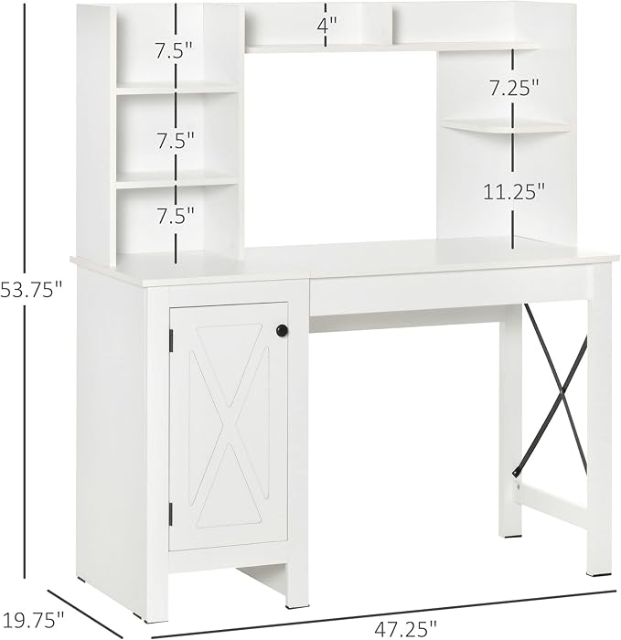 HOMCOM Farmhouse Computer Desk with Hutch and Cabinet, Home Office Desk with Storage, for Study, White
