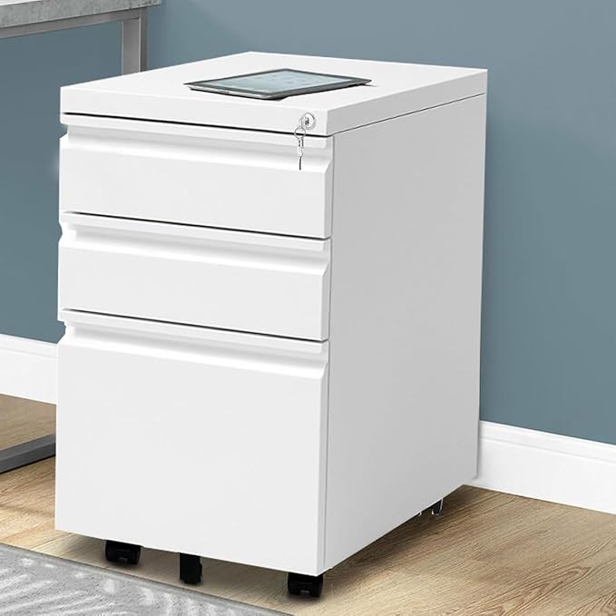 3-Drawer Mobile File Cabinets, Rolling Metal Vertical Filing Cabinet for Legal & Letter File Anti-tilt Design with Lock Fully Assembled Except Wheel, White