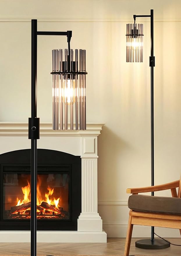 Industrial Modern Floor Lamps for Living Room, Dimmable Glass Tree Standing Tall Lamps with 3 Elegant Teardrop Cage Head & 800 Lumens LED Bulbs for Bedroom Office (66inches Black)