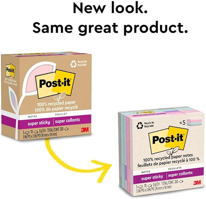 Post-it 100% Recycled Paper Super Sticky Notes, 3 in. x 3 in., 5 Pads, 70 Sheets per Pad, Wanderlust Pastels, School Supplies and Office Products