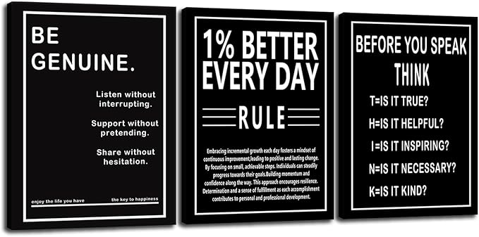 Motivational Painting Wall Art 1% Better Every Day Rule Canvas Print Office Wall Decor Before You Speak Think Poster Inspirational Framed Quotes for Wall Art Decor Ready to Hang [36" W X 16" H]