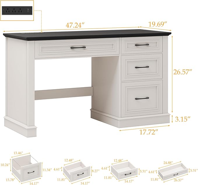 Farmhouse 47" Executive Desk, Computer Desk with Drawers and File Drawer, Workstation Computer Desk with Charging Station for Home Office, Study,(Black