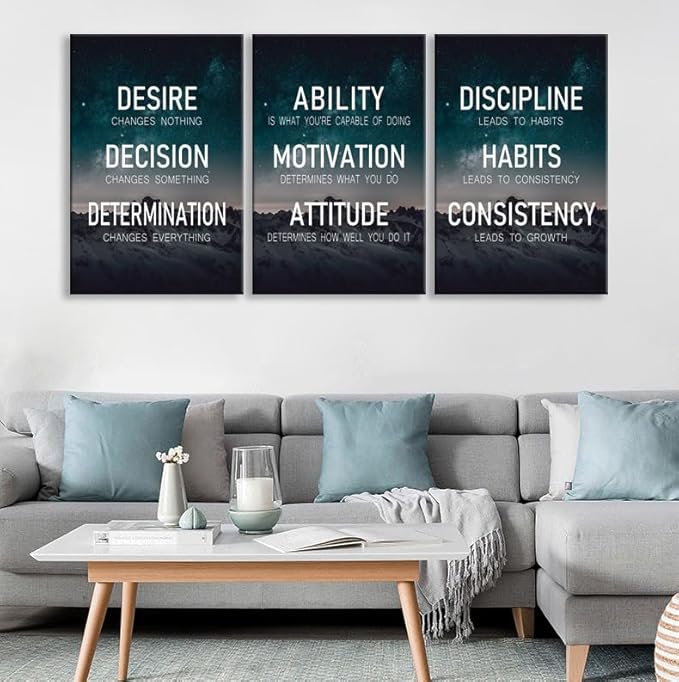 WYJDFART “The Elements of Success:Discipline-Habits-Consistency-Attitude -Determination” Motivational Wall Decor Set of 3 for Home Gym Bedroom Living Room [72''Wx 36''H]